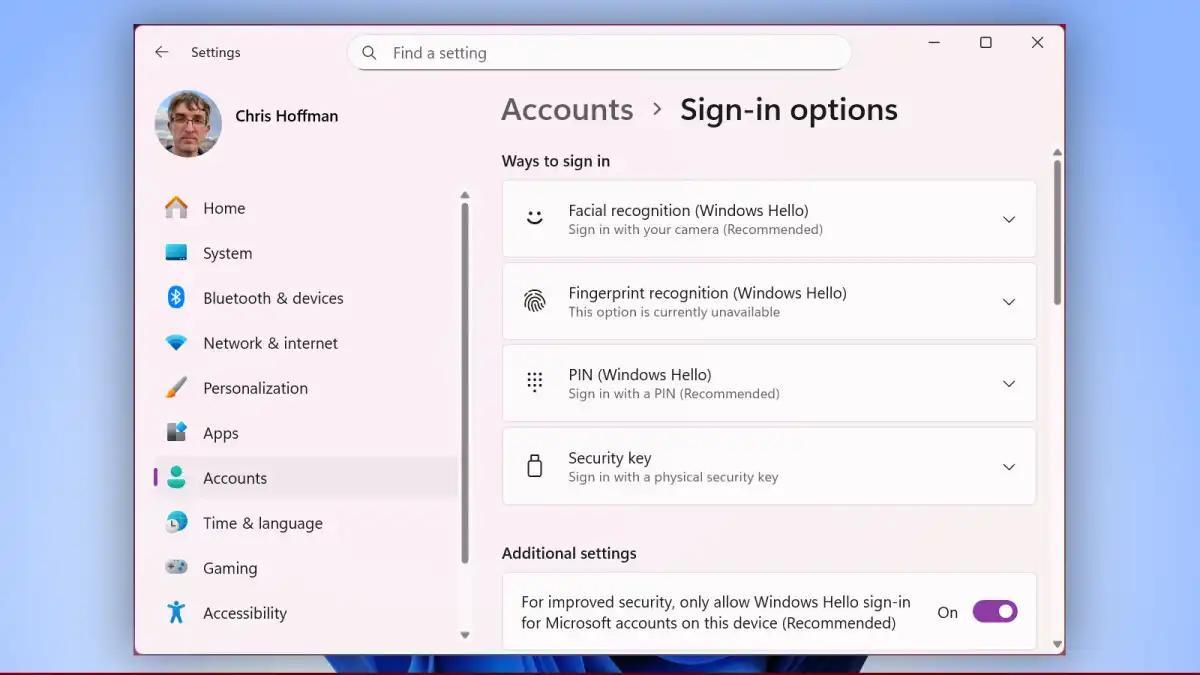 Windows Hello-ს პარამეტრების მენიუ