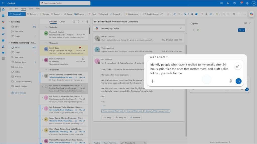 Microsoft Outlook AI აგენტების ინტერფეისი და ელფოსტის ავტომატური შედგენა